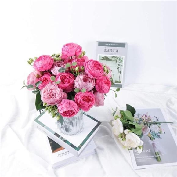 Artificial Peony Flower Silk Peonies Bouquet 4Bundles Fake Flowers,Rose Red Pink - Picture 3 of 6